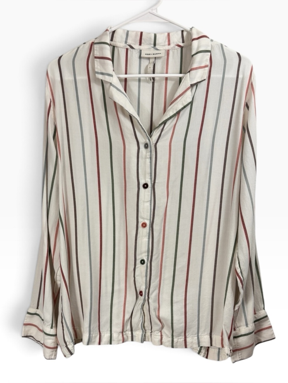 Cozy Earth Size L Soft Woven Long Sleeve Pajama Top Cottage Stripe Tencel Rayon